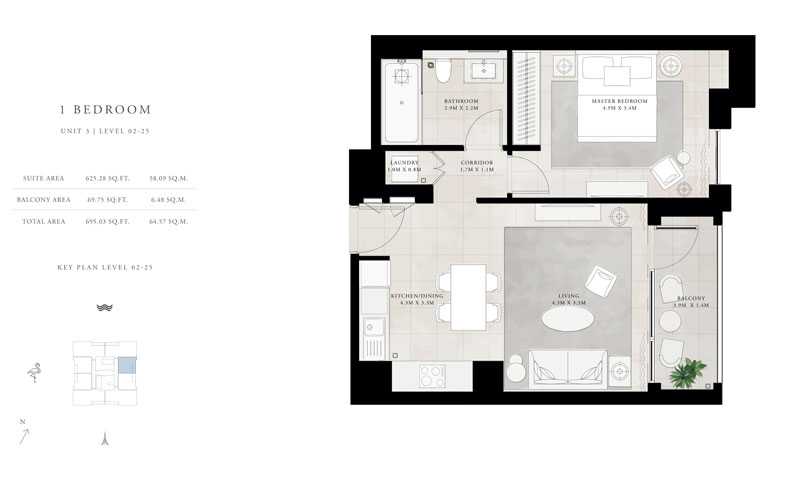 1-Bed, Unit-3, Level-2-25, Size-695.03-sq.ft